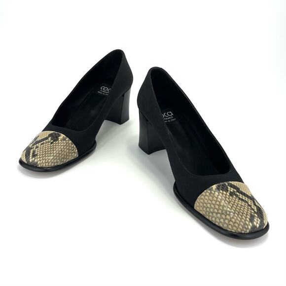 Coca By Maraolo Block Heel Pump Size 8.5 Black Fabric/Snake Print Leather Padded - Picture 12 of 16
